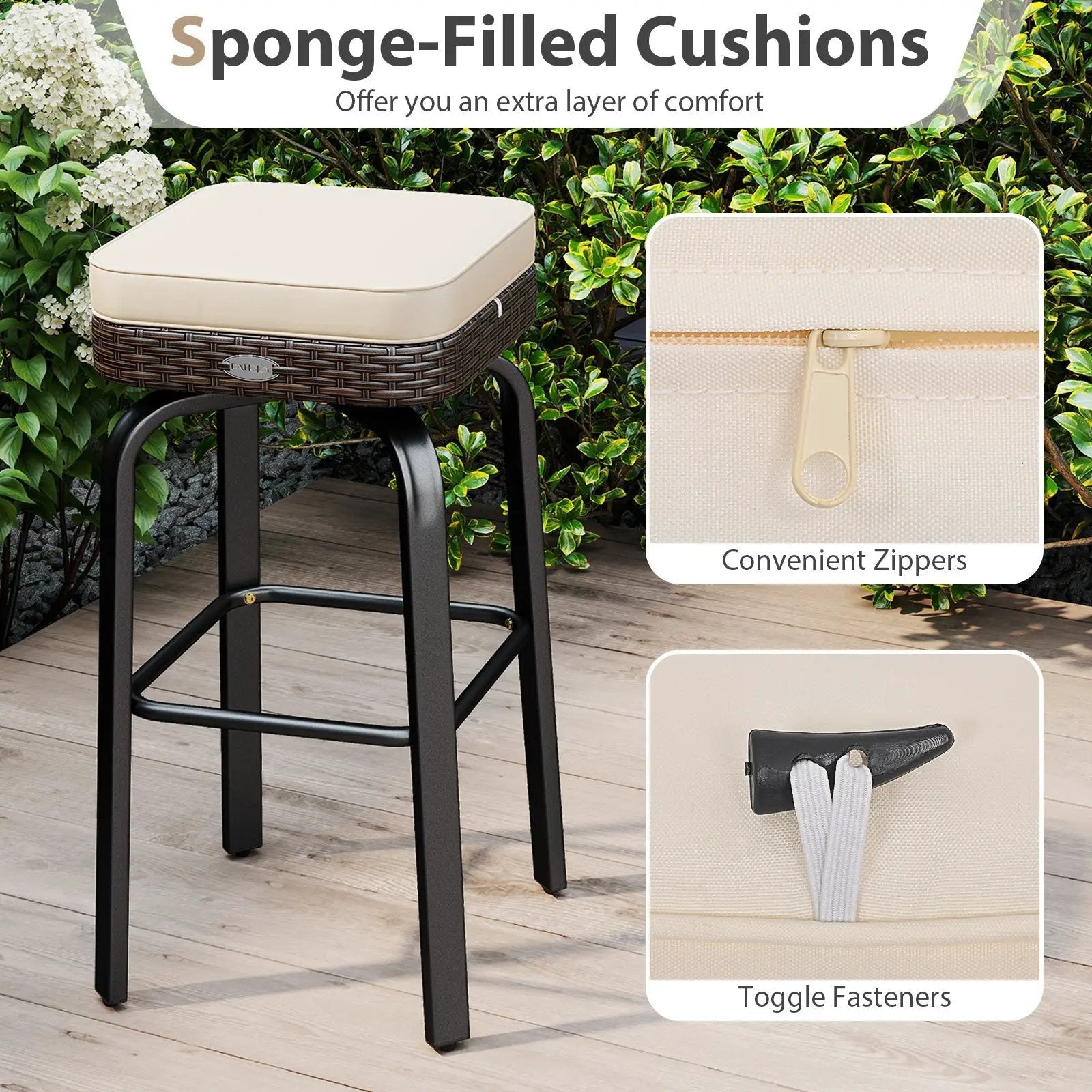 3 Pieces Outdoor Swivel Bar Set PE Rattan Bar Height Table with 2 Chairs-White by DirectDeals