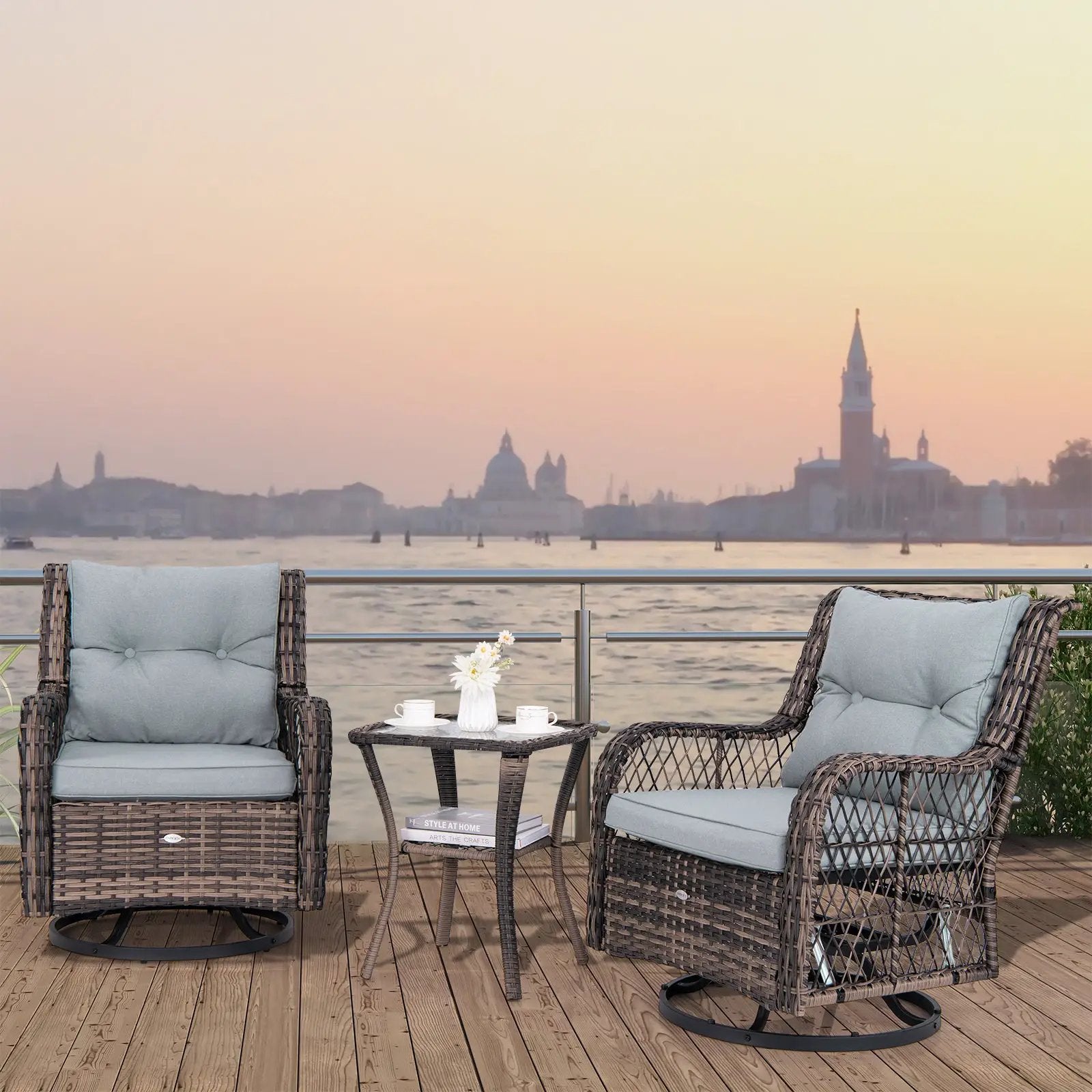 3 Pieces Outdoor Swivel Rocker Set with Small Side Table-Gray by DirectDeals