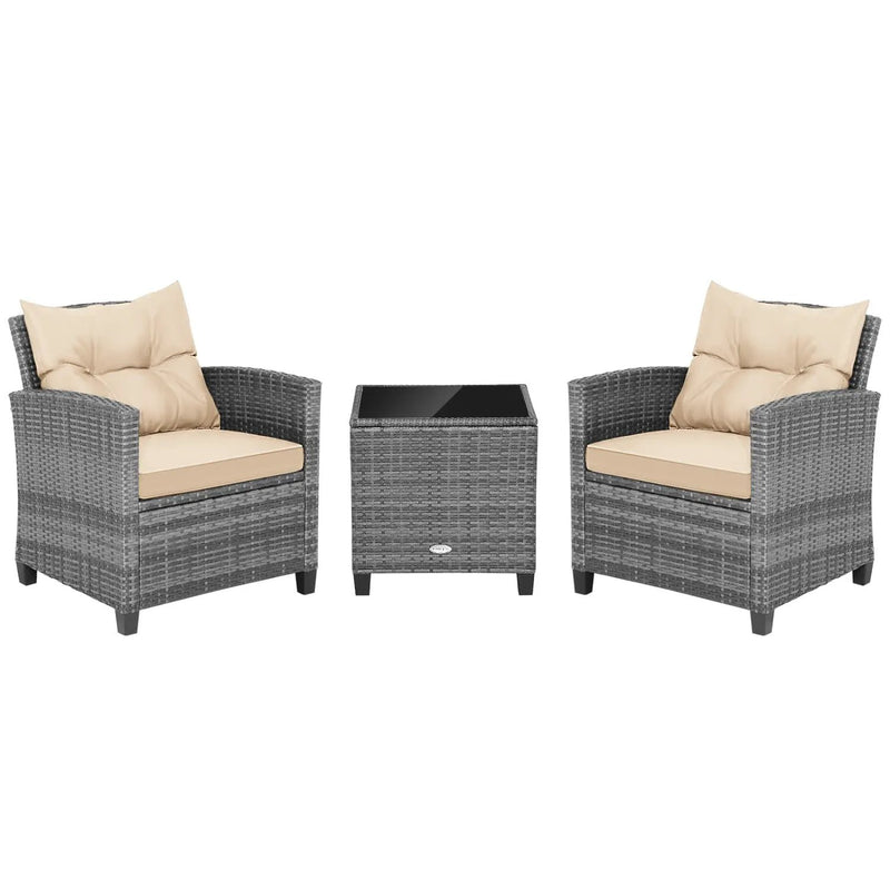 3 Pieces Outdoor Wicker Conversation Set with Tempered Glass Tabletop by DirectDeals