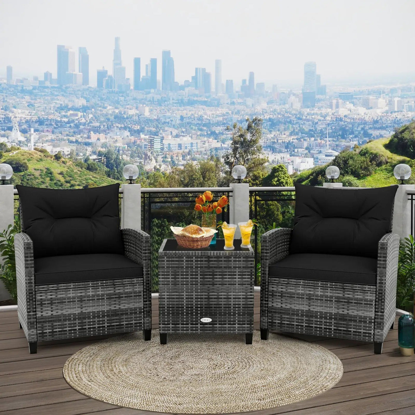 3 Pieces Outdoor Wicker Conversation Set with Tempered Glass Tabletop by DirectDeals