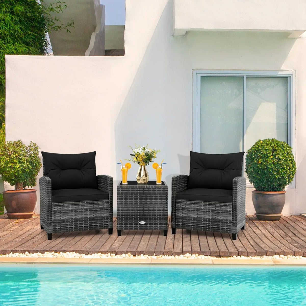 3 Pieces Outdoor Wicker Conversation Set with Tempered Glass Tabletop by DirectDeals