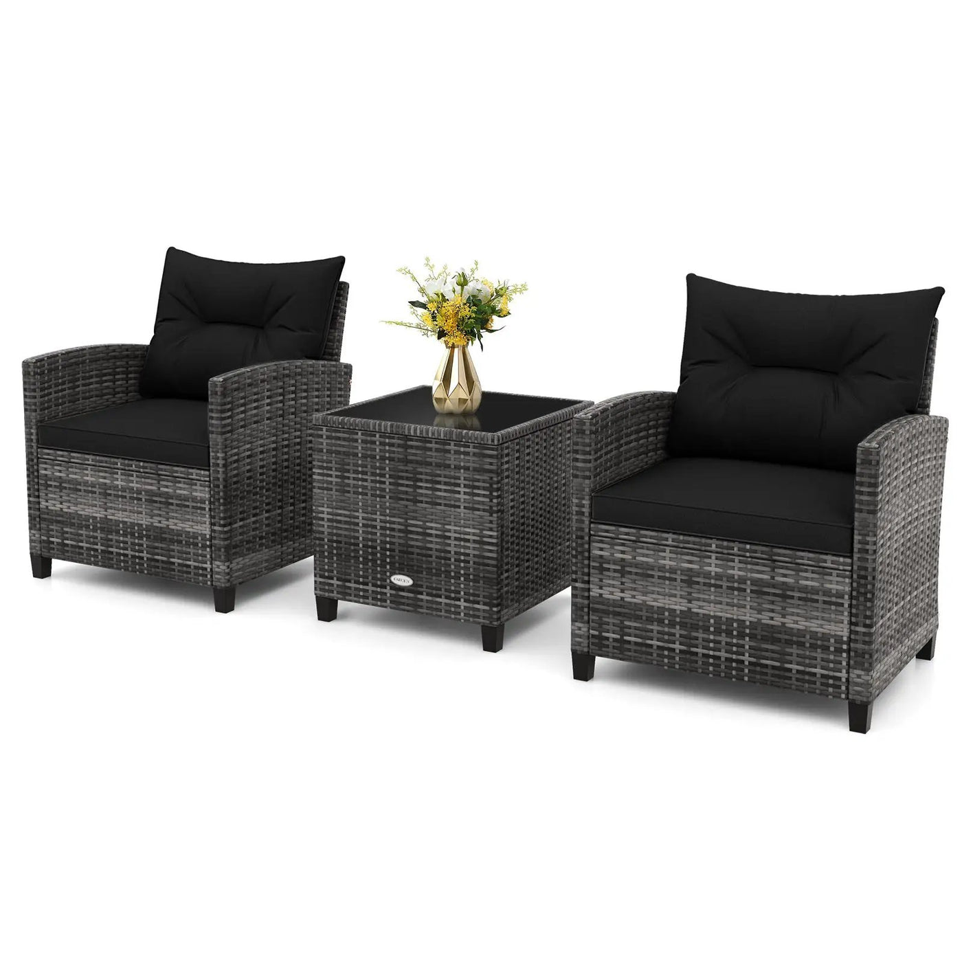 3 Pieces Outdoor Wicker Conversation Set with Tempered Glass Tabletop by DirectDeals