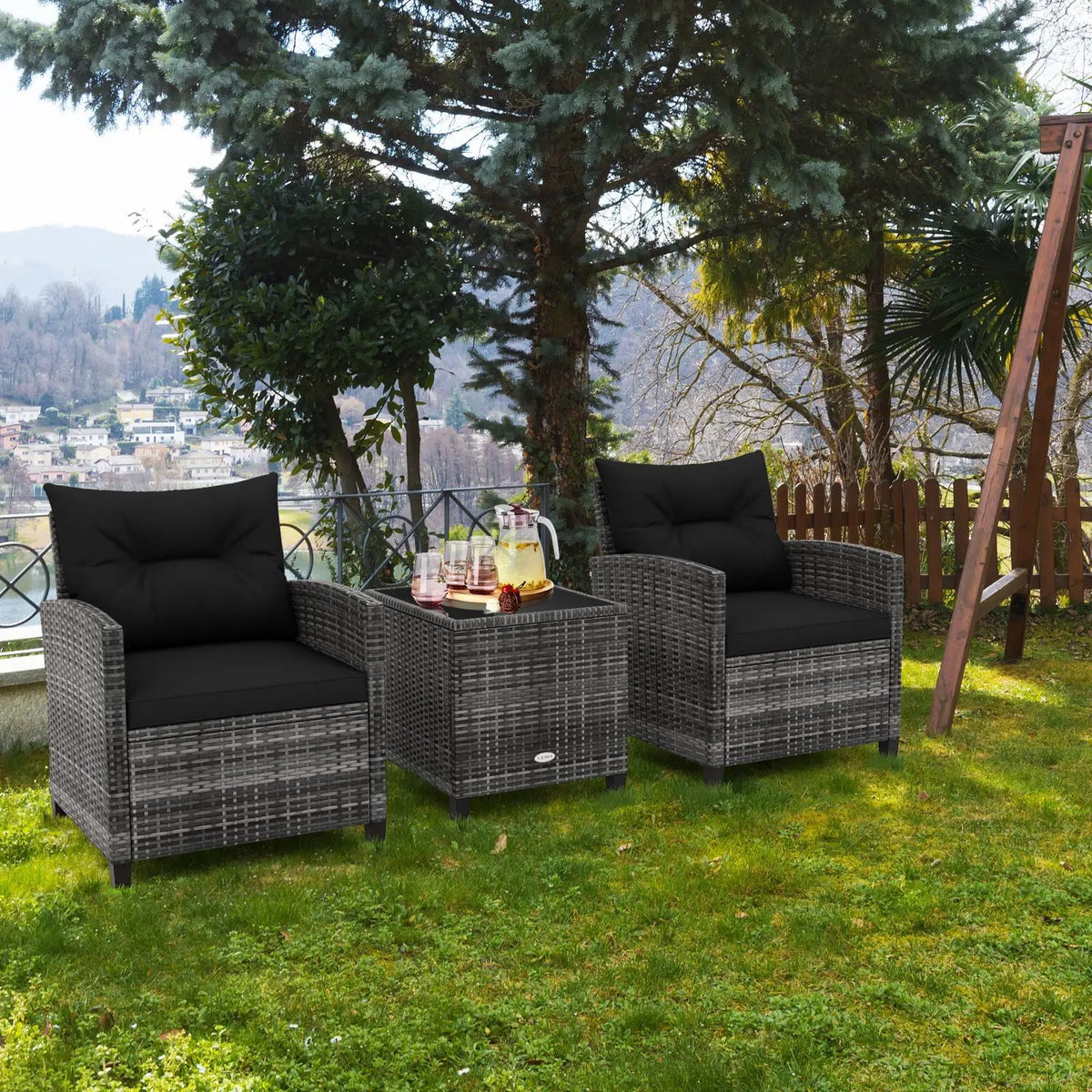 3 Pieces Outdoor Wicker Conversation Set with Tempered Glass Tabletop by DirectDeals