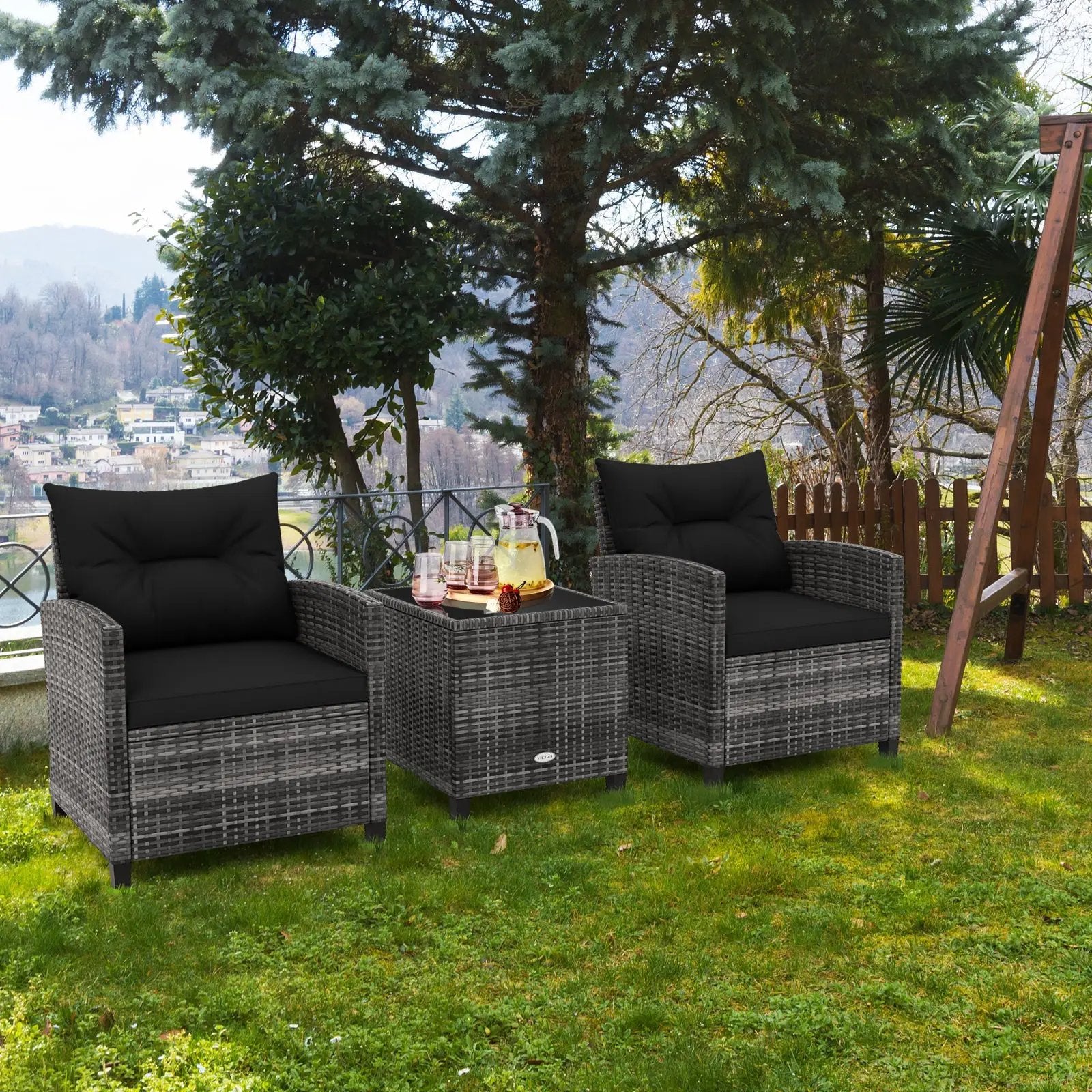 3 Pieces Outdoor Wicker Conversation Set with Tempered Glass Tabletop by DirectDeals