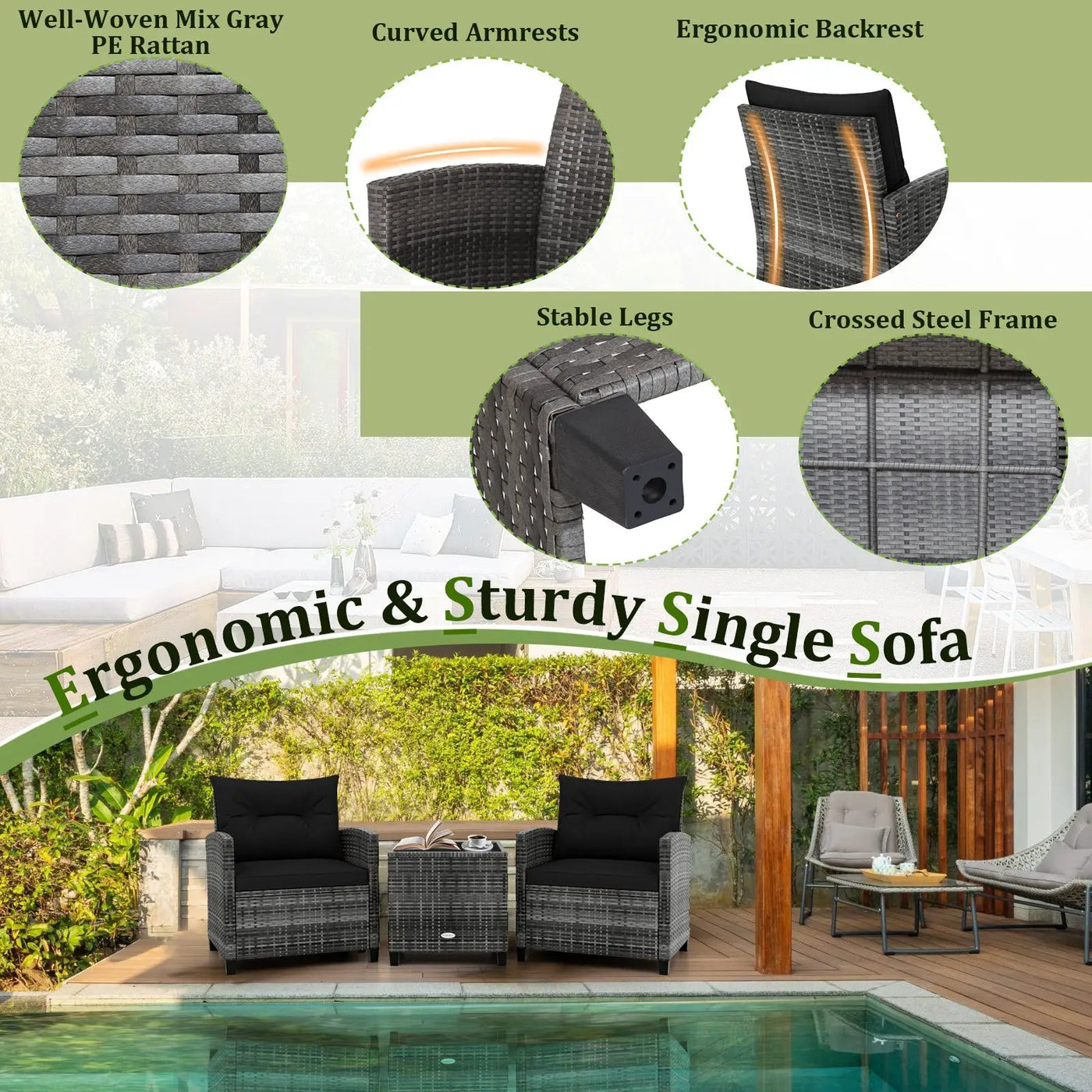 3 Pieces Outdoor Wicker Conversation Set with Tempered Glass Tabletop by DirectDeals