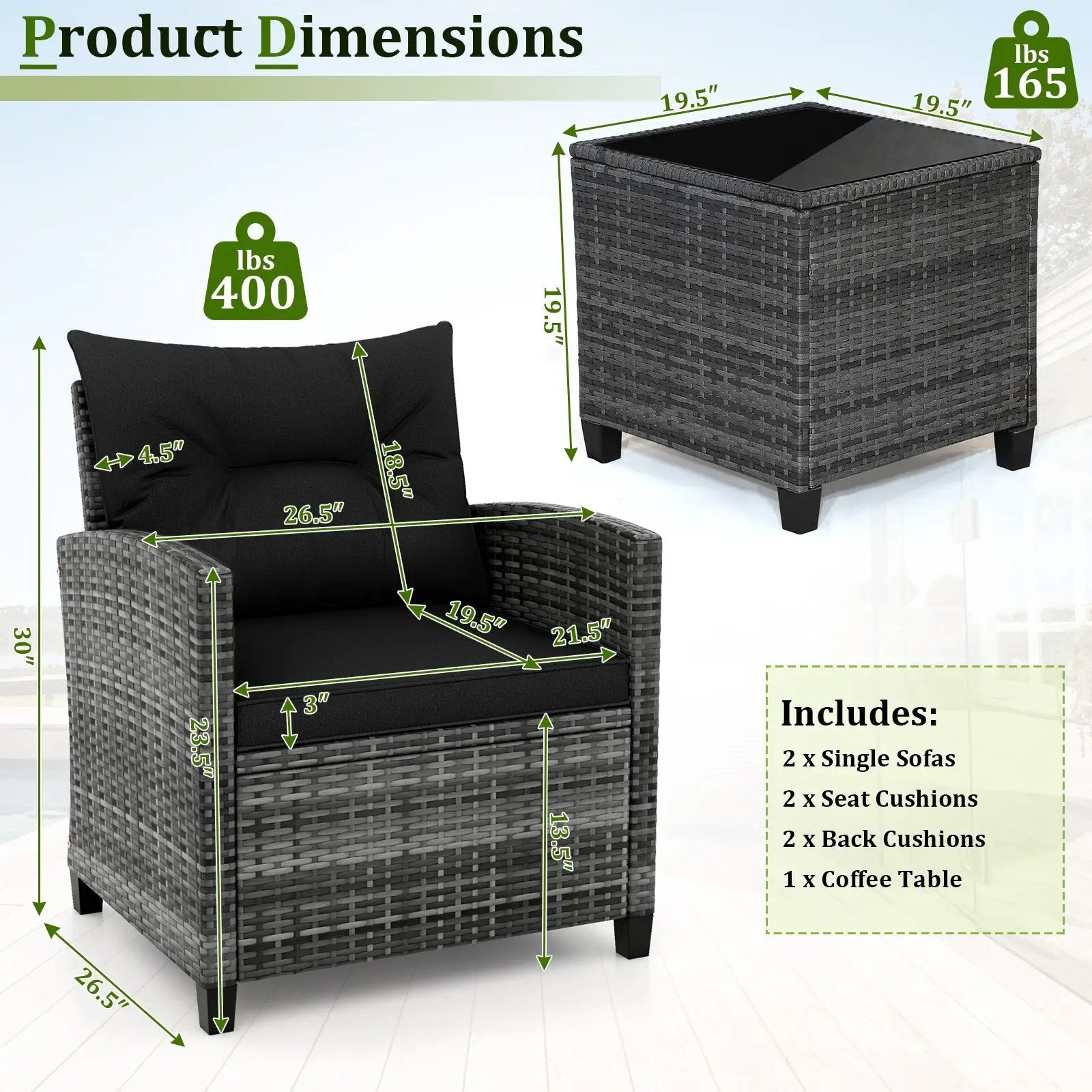 3 Pieces Outdoor Wicker Conversation Set with Tempered Glass Tabletop by DirectDeals