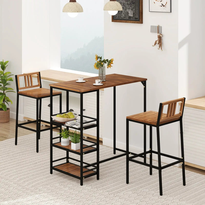 3 Pieces Outdoor Wood Bar Set with 3-Tier Storage Shelf and Metal Frame by DirectDeals