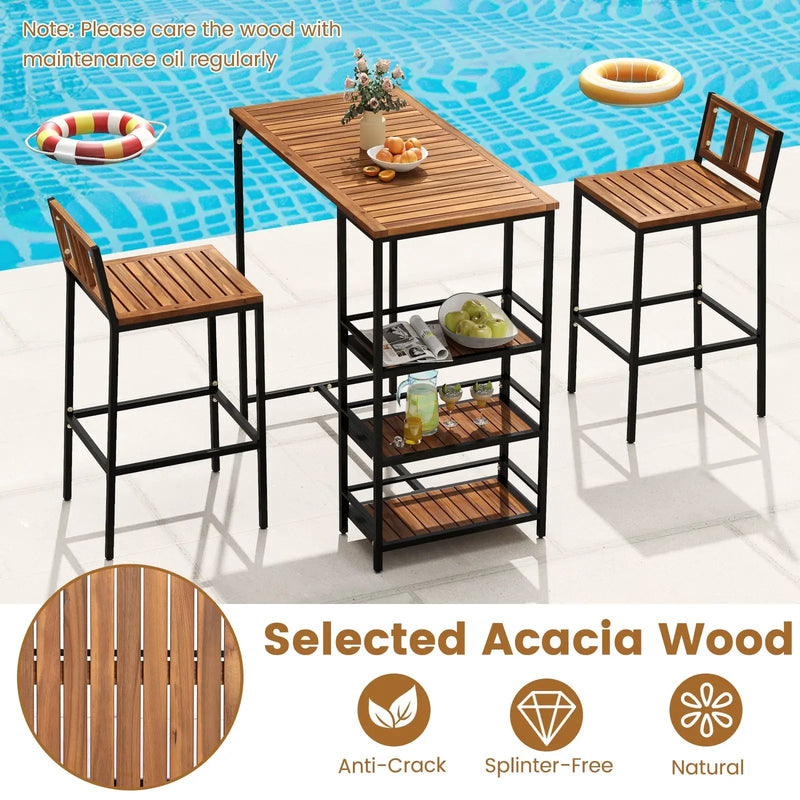 3 Pieces Outdoor Wood Bar Set with 3-Tier Storage Shelf and Metal Frame by DirectDeals