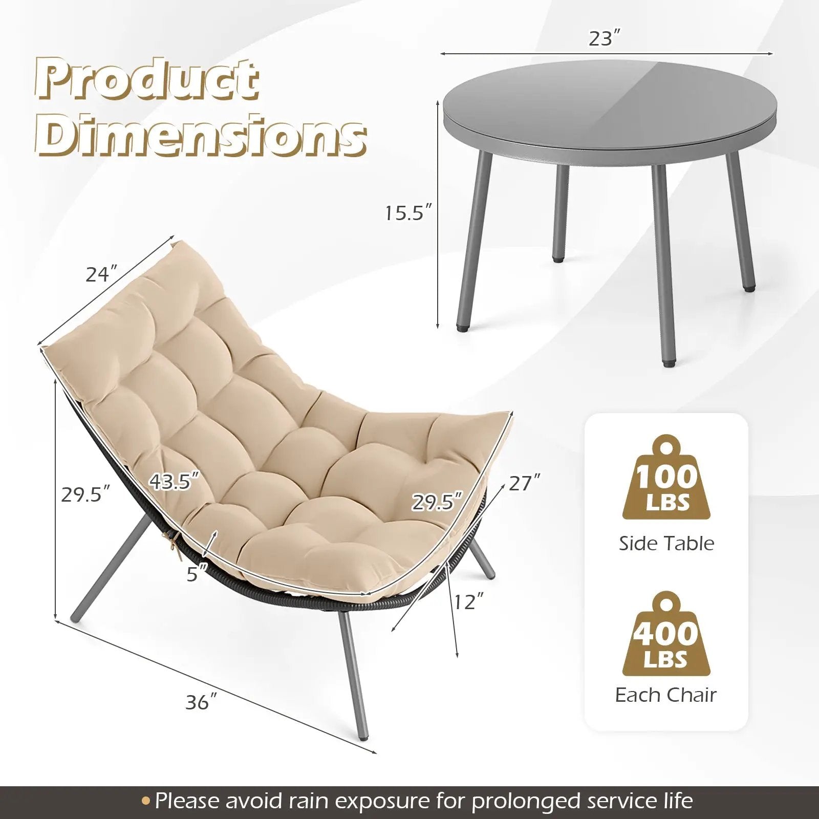 3 Pieces PE Rattan Conversation Set with Cushioned Papasan Chairs-Beige by DirectDeals