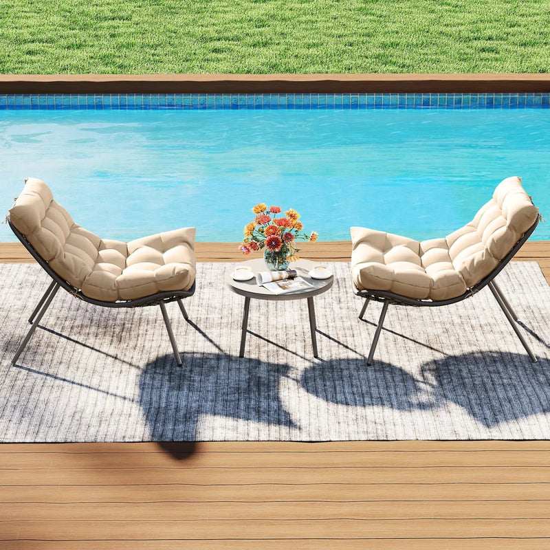 3 Pieces PE Rattan Conversation Set with Cushioned Papasan Chairs-Beige by DirectDeals