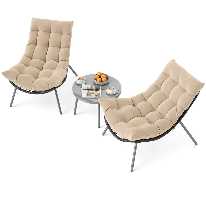 3 Pieces PE Rattan Conversation Set with Cushioned Papasan Chairs-Beige by DirectDeals