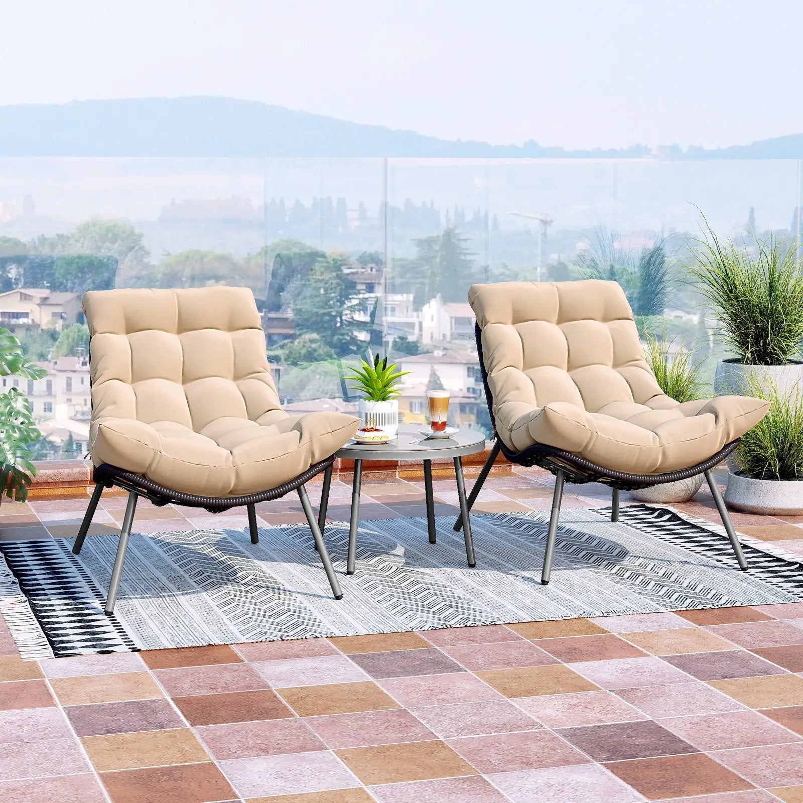 3 Pieces PE Rattan Conversation Set with Cushioned Papasan Chairs-Beige by DirectDeals