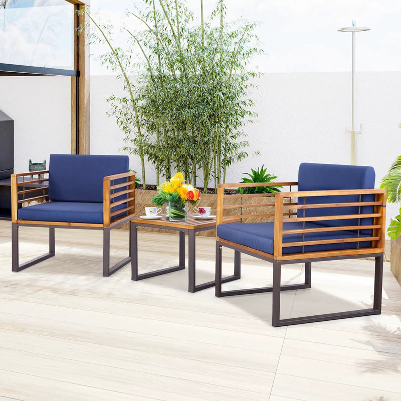 3 Pieces Patio Acacia Wood Conversation Set with Cushioned Armchairs-Navy by DirectDeals