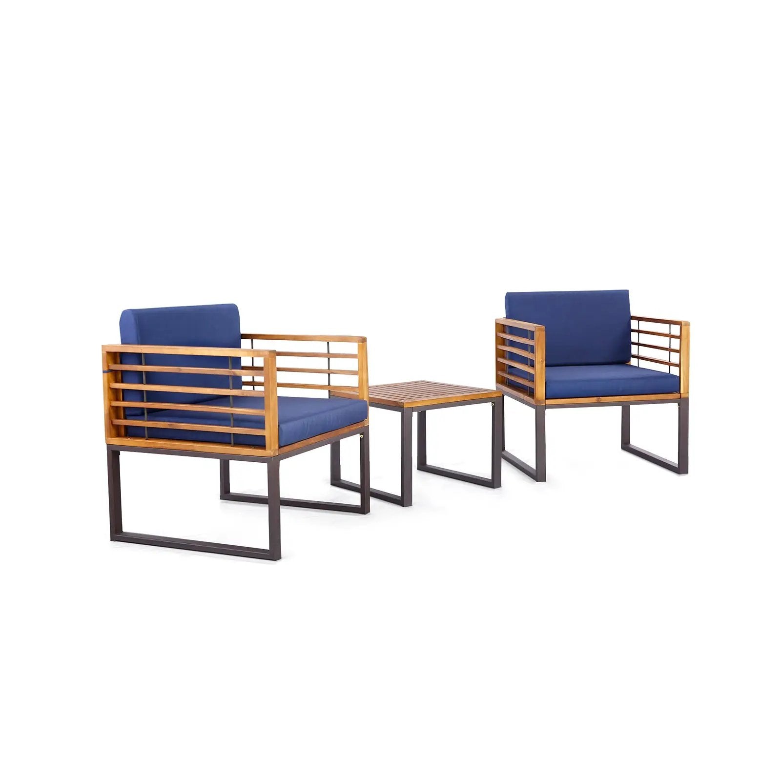 3 Pieces Patio Acacia Wood Conversation Set with Cushioned Armchairs-Navy by DirectDeals