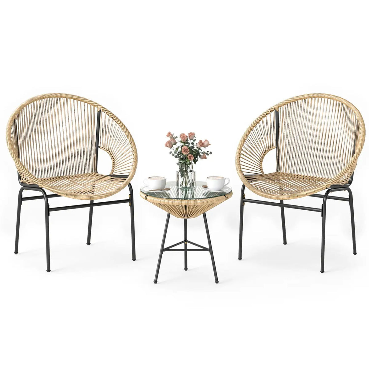 3PCS Patio Acapulco Furniture Bistro Set with GlassTable-Black by DirectDeals