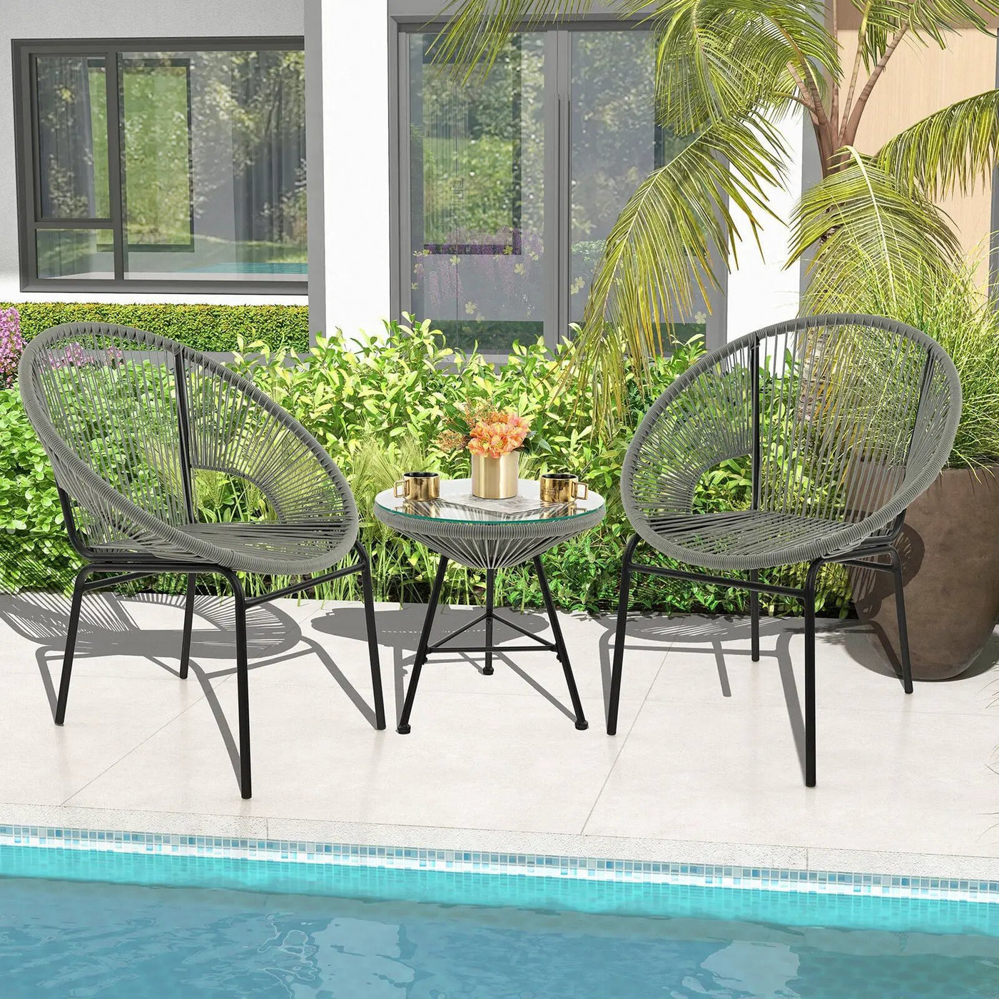 3PCS Patio Acapulco Furniture Bistro Set with GlassTable-Black by DirectDeals