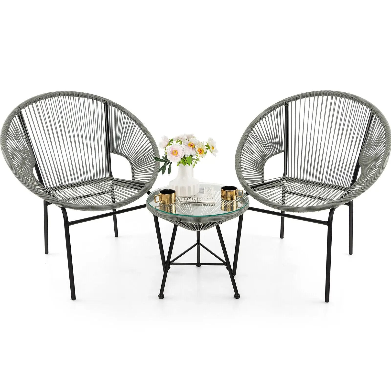 3PCS Patio Acapulco Furniture Bistro Set with GlassTable-Black by DirectDeals