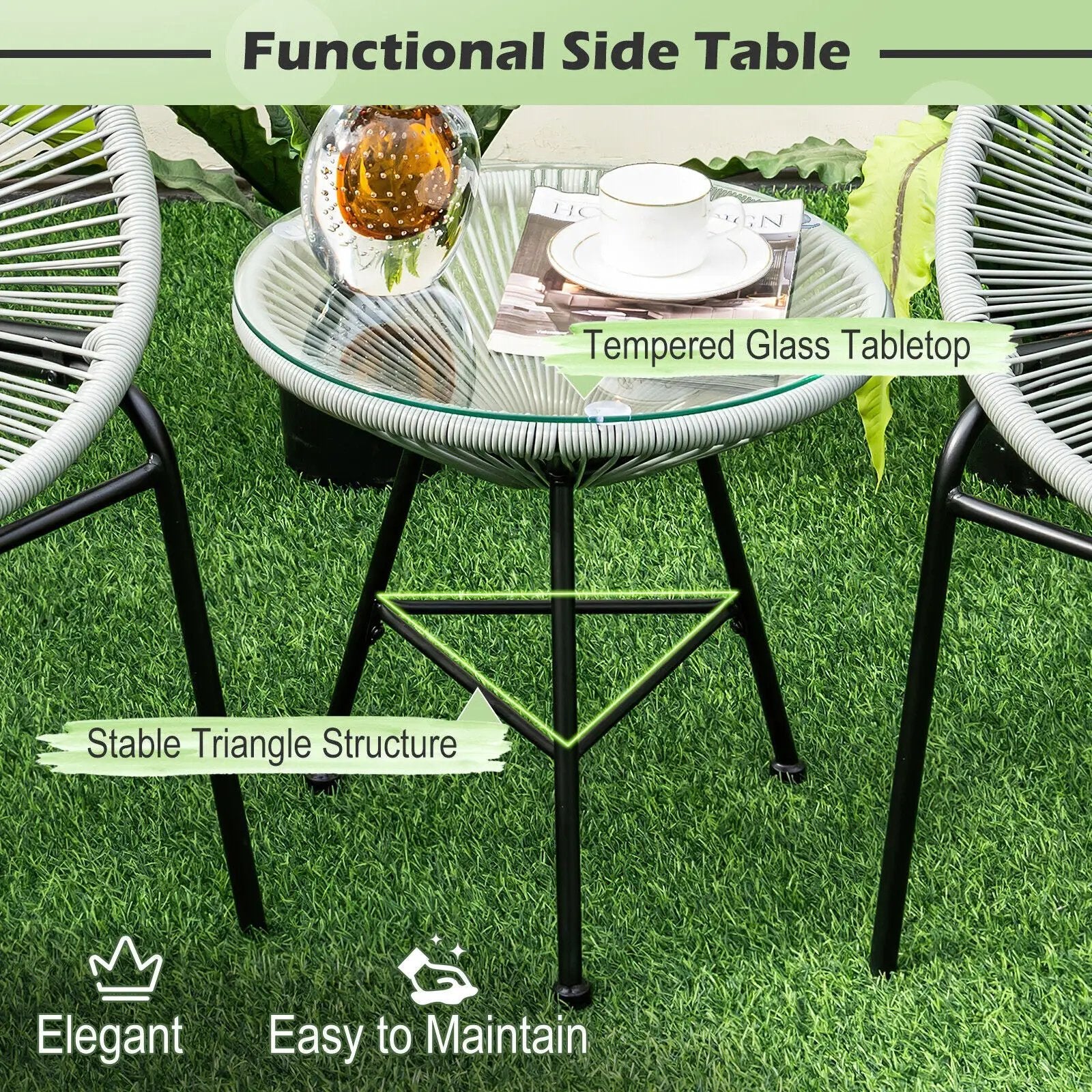 3PCS Patio Acapulco Furniture Bistro Set with GlassTable-Black by DirectDeals