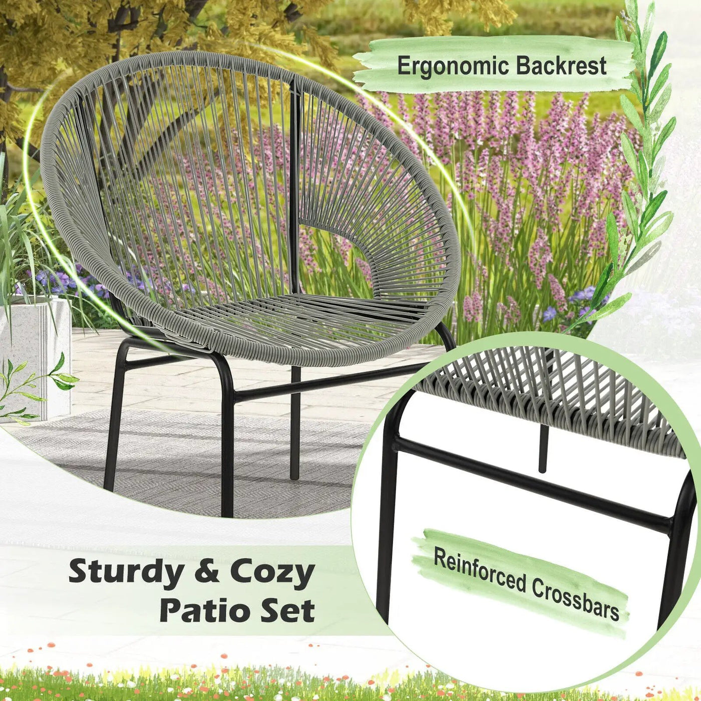 3PCS Patio Acapulco Furniture Bistro Set with GlassTable-Black by DirectDeals