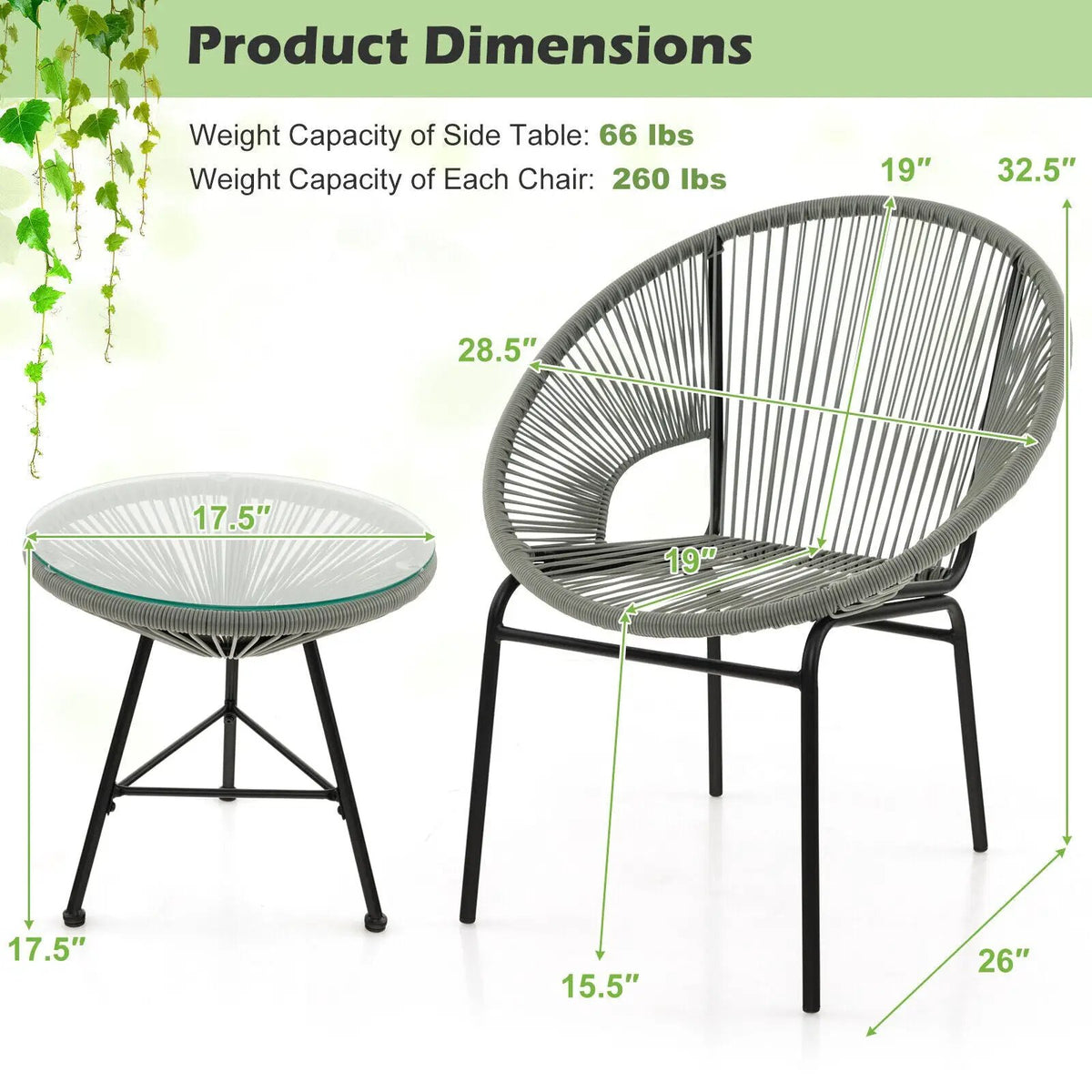 3PCS Patio Acapulco Furniture Bistro Set with GlassTable-Black by DirectDeals