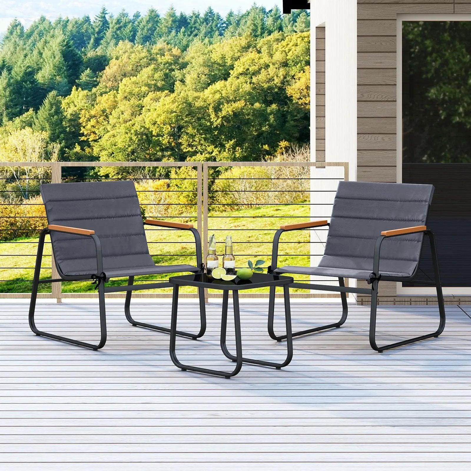 3 Pieces Patio Bistro Set Outdoor Fabric Conversation Set-Gray by DirectDeals