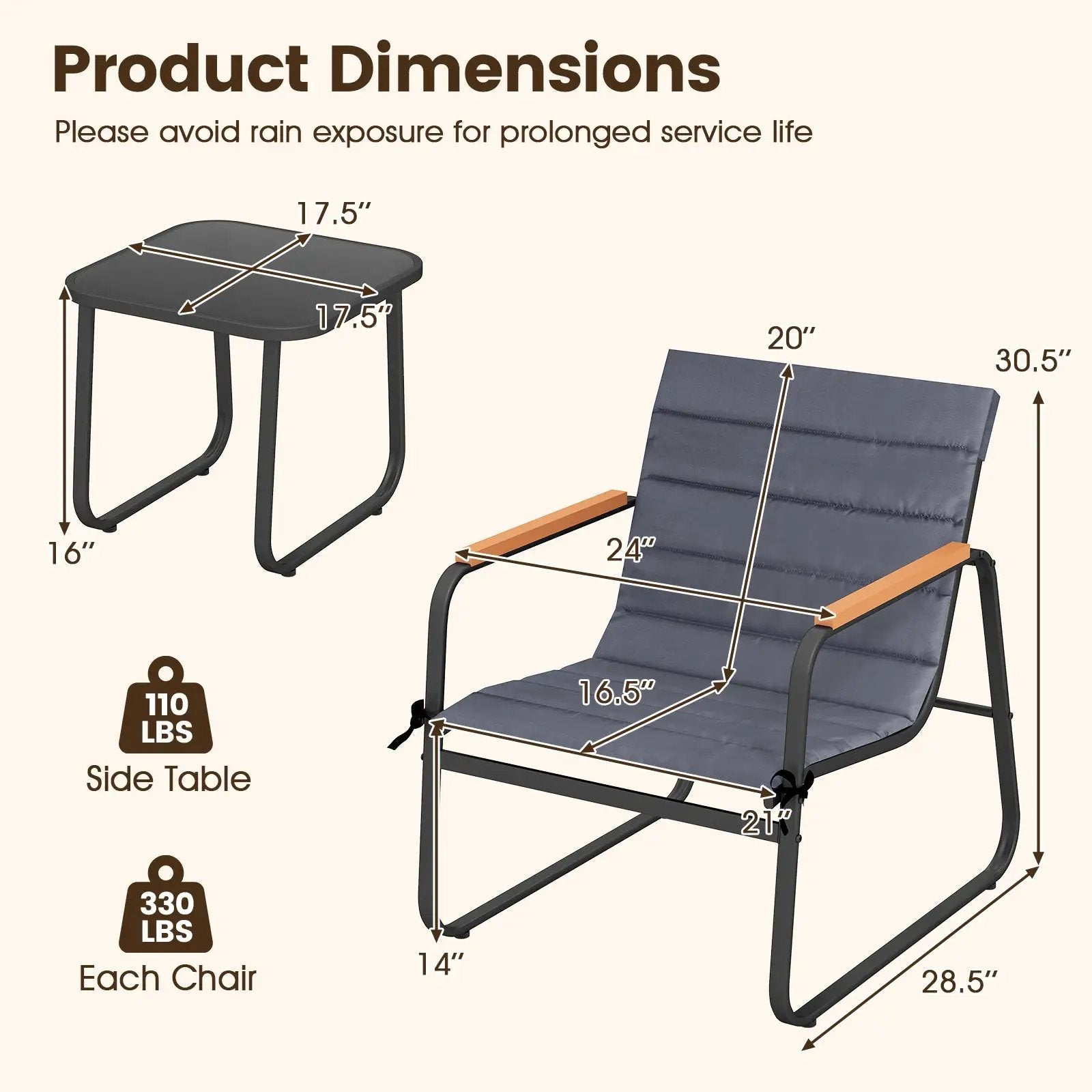 3 Pieces Patio Bistro Set Outdoor Fabric Conversation Set-Gray by DirectDeals