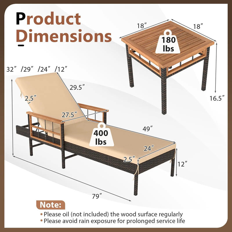 3 Pieces Patio Chaise Lounge Set for Poolside Backyard Porch by DirectDeals