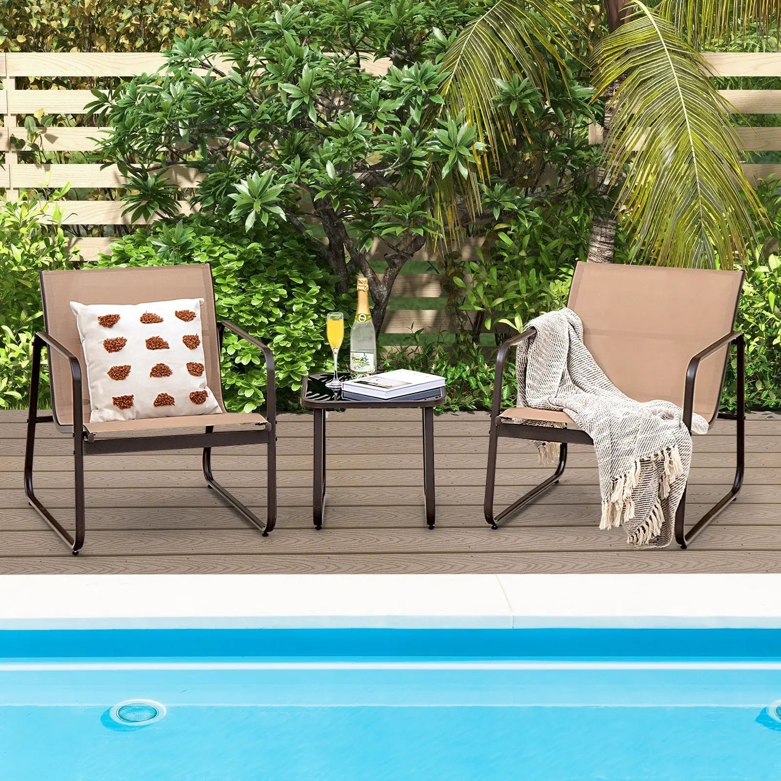 3 Pieces Patio Conversation Set with Breathable Fabric and Tabletop-Brown by DirectDeals