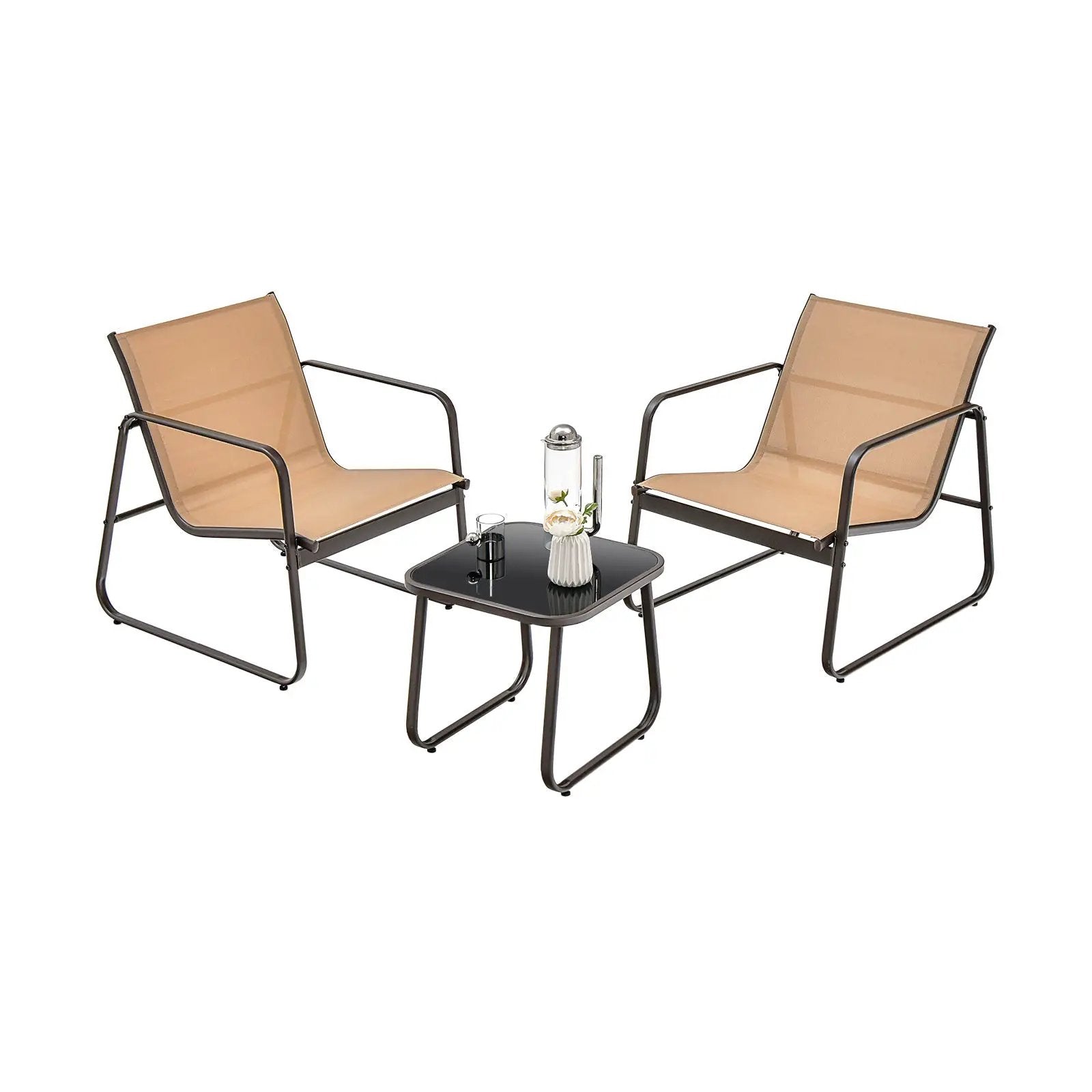 3 Pieces Patio Conversation Set with Breathable Fabric and Tabletop-Brown by DirectDeals