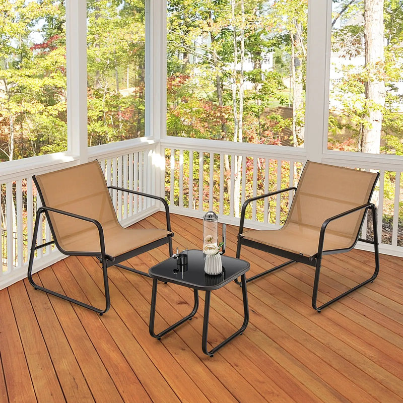 3 Pieces Patio Conversation Set with Breathable Fabric and Tabletop-Brown by DirectDeals