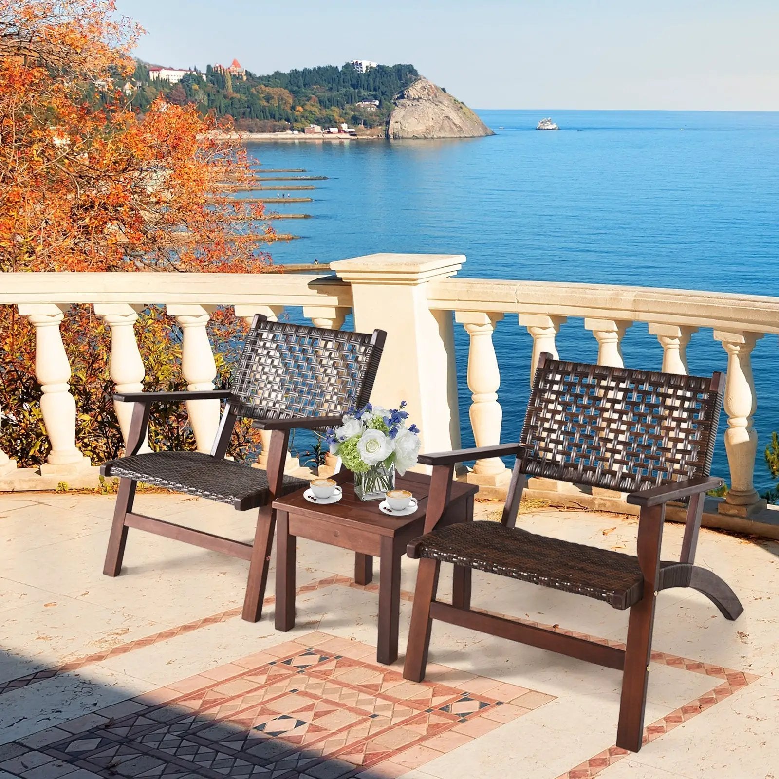 3 Pieces Outdoor Wooden Patio Rattan Furniture Set by DirectDeals