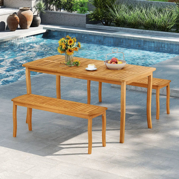 3 Pieces Patio Dining Set with Acacia Wood Outdoor Table and Benches