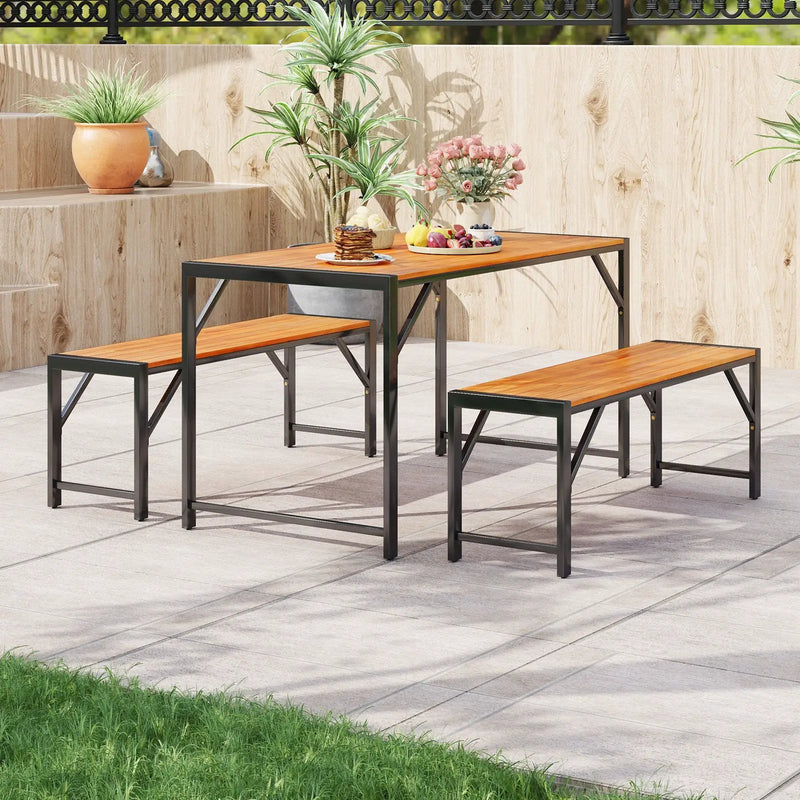 3 Pieces Patio Dining Set with Acacia Wood Dining Table and 2 Benches by DirectDeals