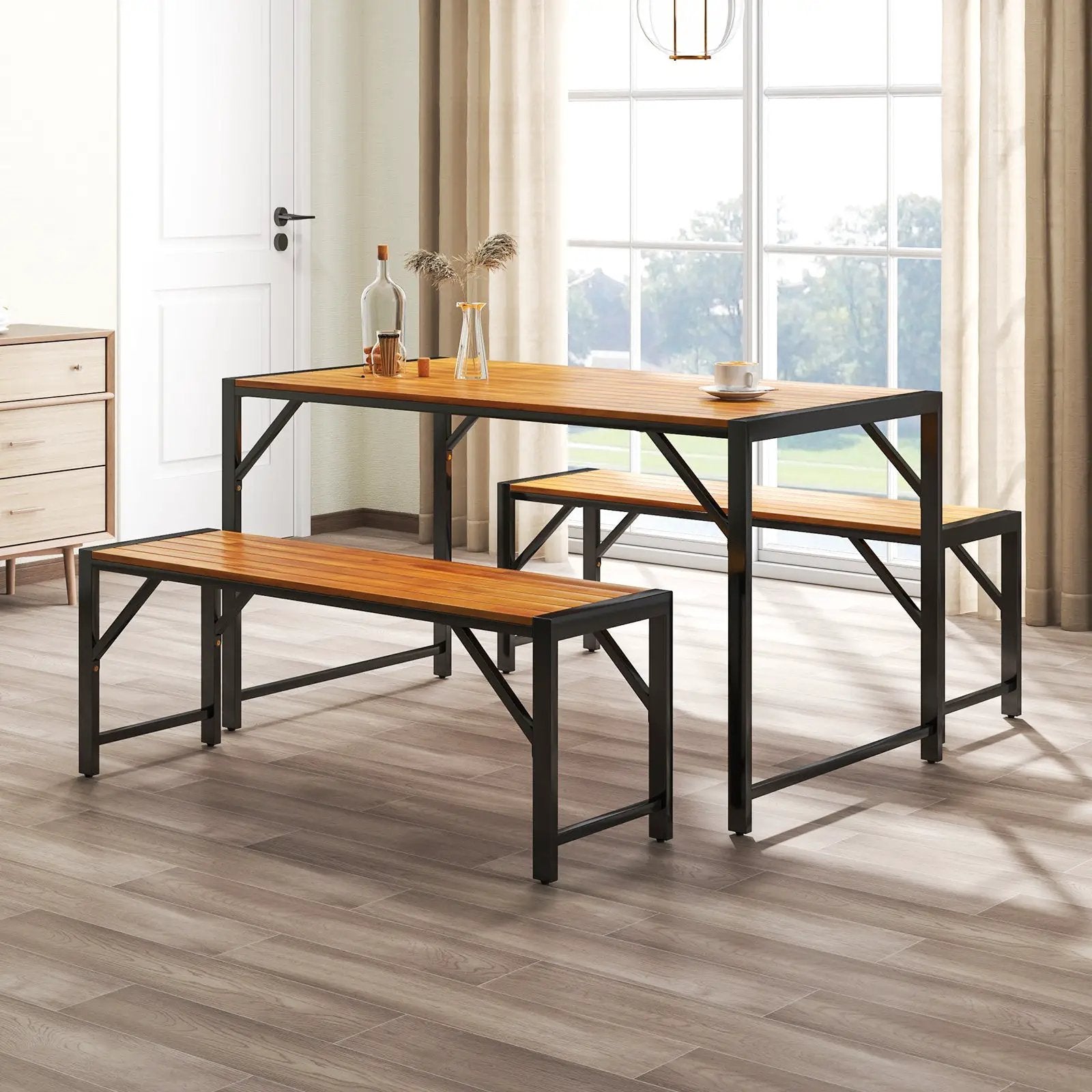 3 Pieces Patio Dining Set with Acacia Wood Dining Table and 2 Benches by DirectDeals