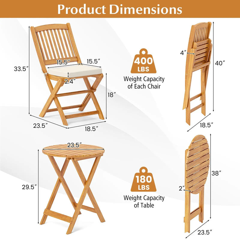 3 Pieces Acacia Wood Patio Folding Bistro Set with Soft Cushions by DirectDeals