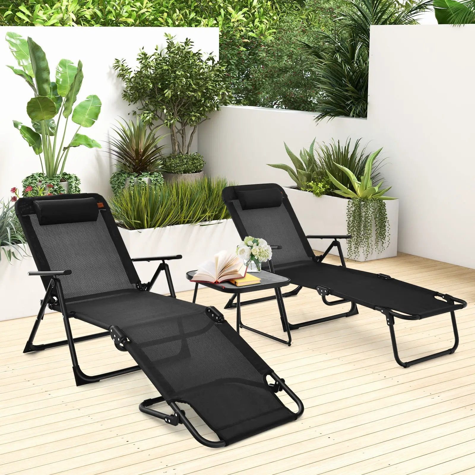 3 Pieces Patio Folding Chaise Lounge Set with PVC Tabletop-Black by DirectDeals