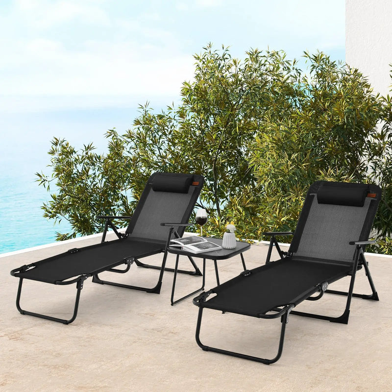 3 Pieces Patio Folding Chaise Lounge Set with PVC Tabletop-Black by DirectDeals