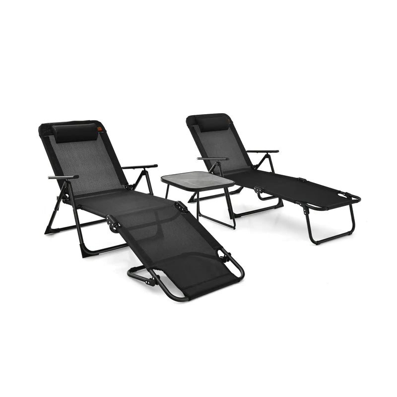 3 Pieces Patio Folding Chaise Lounge Set with PVC Tabletop-Black by DirectDeals