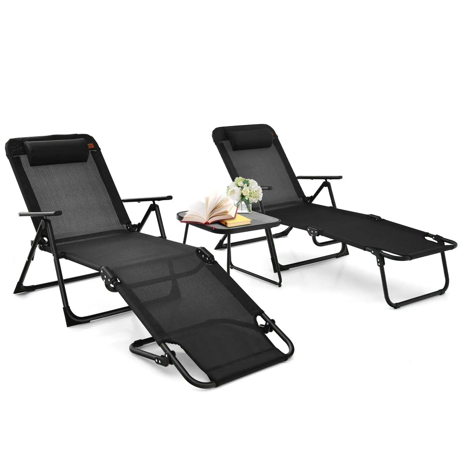 3 Pieces Patio Folding Chaise Lounge Set with PVC Tabletop-Black by DirectDeals