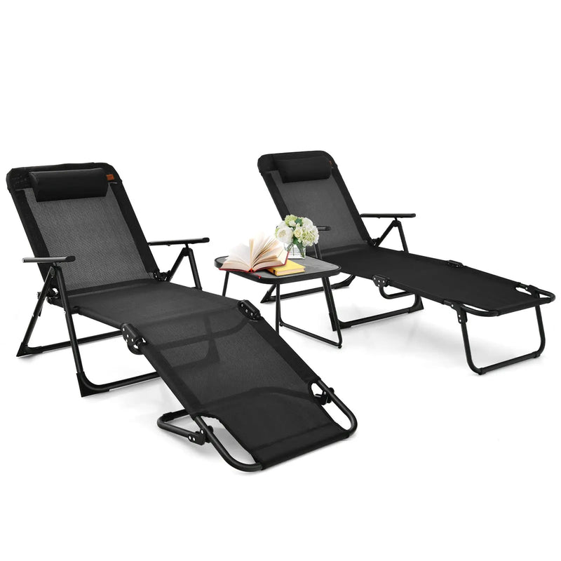 3 Pieces Patio Folding Chaise Lounge Set with PVC Tabletop-Black by DirectDeals