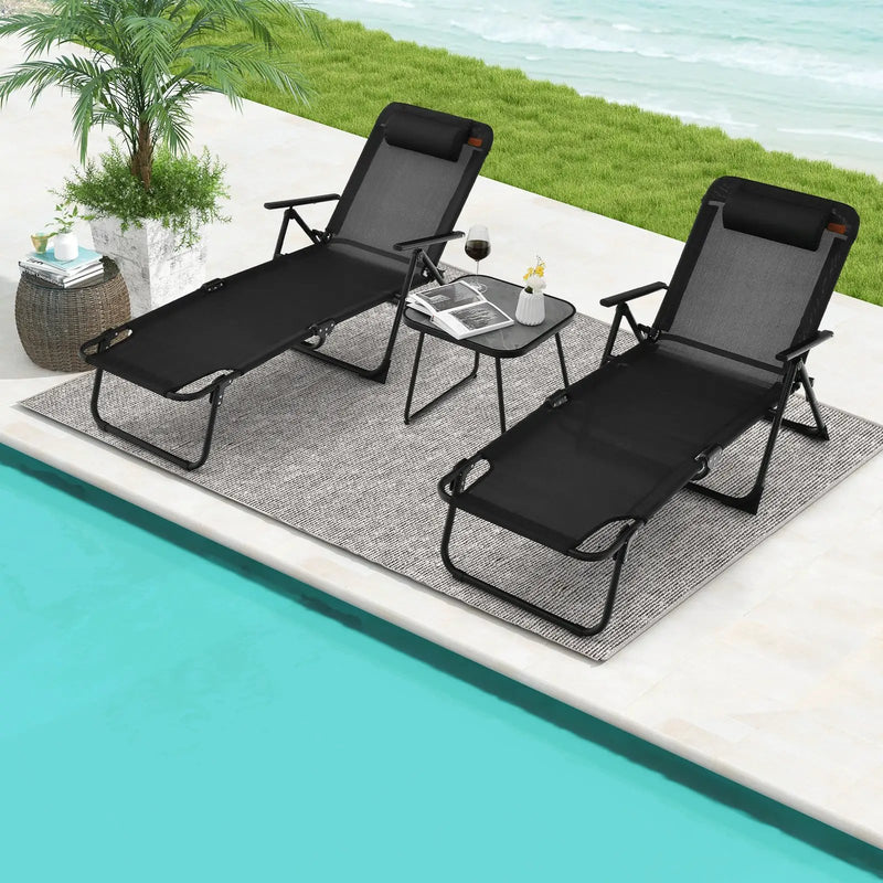 3 Pieces Patio Folding Chaise Lounge Set with PVC Tabletop-Black by DirectDeals