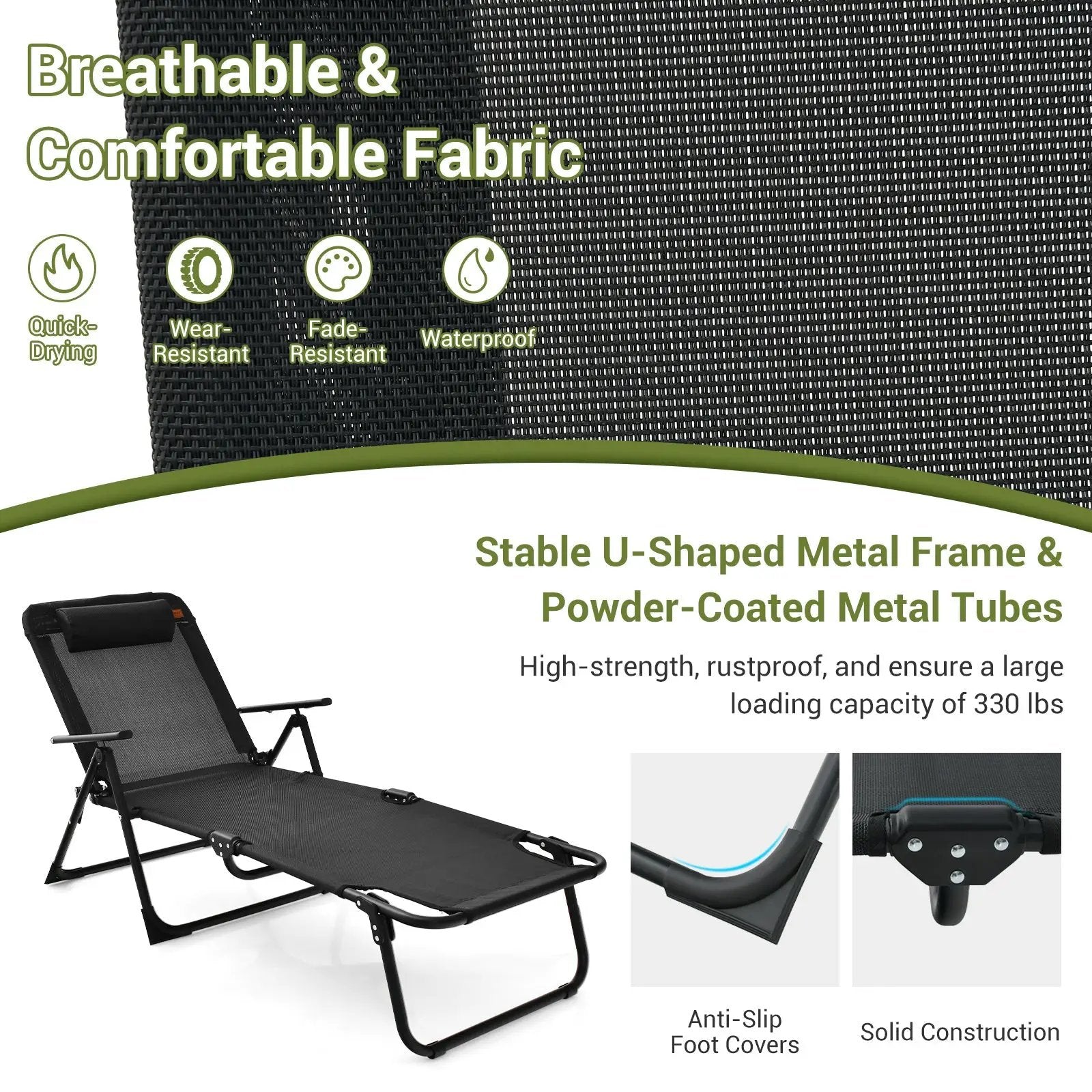 3 Pieces Patio Folding Chaise Lounge Set with PVC Tabletop-Black by DirectDeals