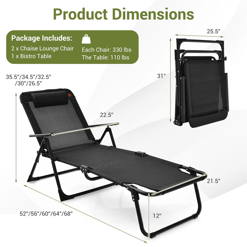 3 Pieces Patio Folding Chaise Lounge Set with PVC Tabletop-Black by DirectDeals