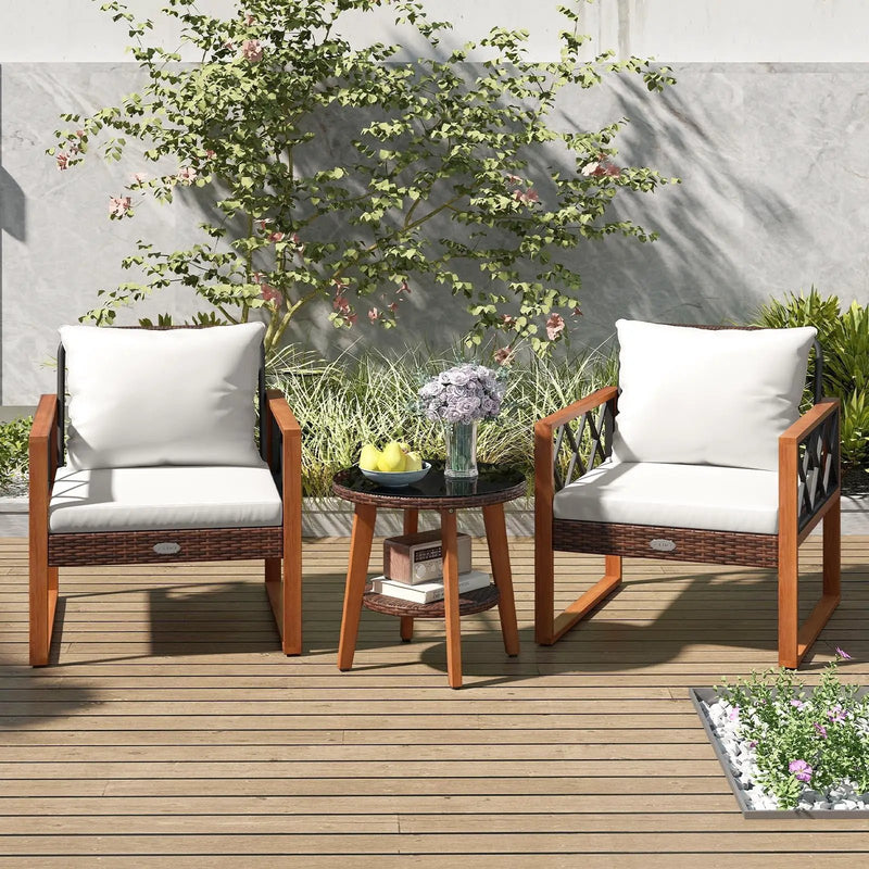 3 Pieces Patio Furniture Set with Tempered Glass Top Table and Soft Cushions-Off White by DirectDeals