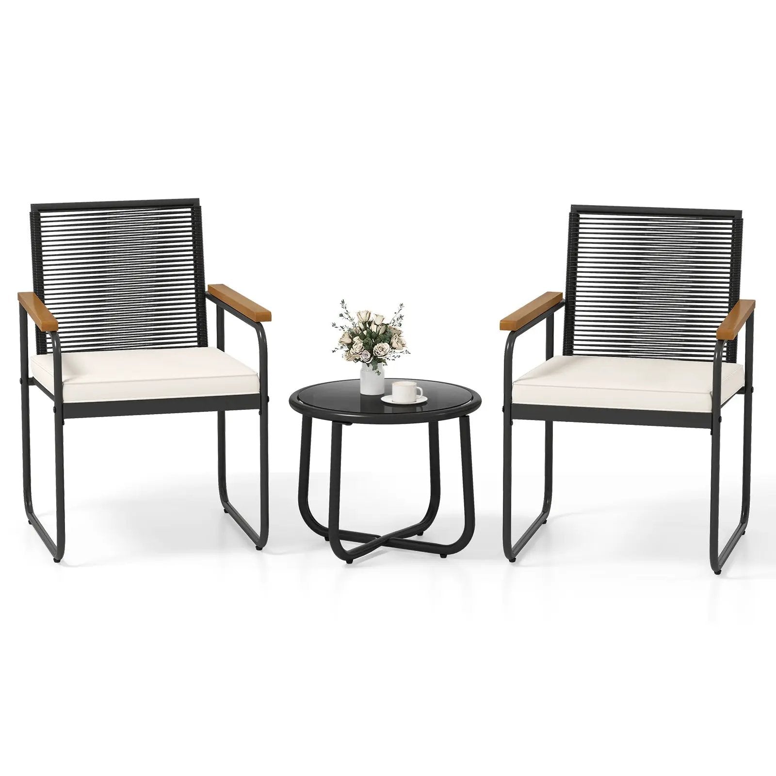 3 Pieces Patio Furniture Set PE Rattan Porch Chairs with Round Tempered Glass Top Table-White by DirectDeals
