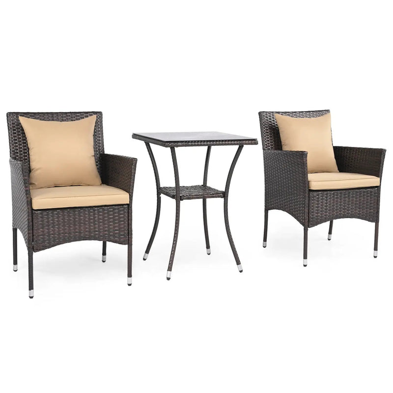 3 Pieces Patio Furniture Set with Cushioned Patio Chairs and Tempered Glass Coffee Table-Brown by DirectDeals