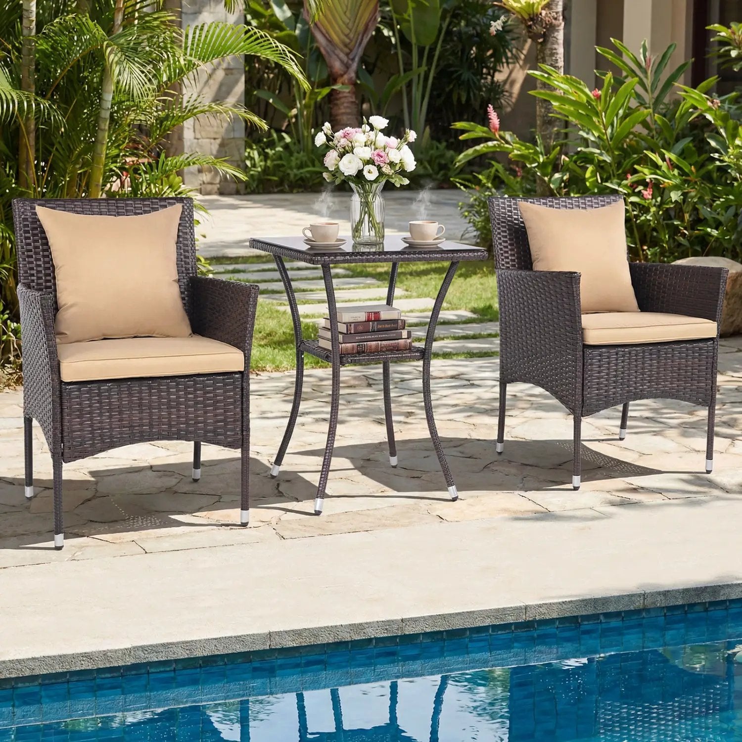 3 Pieces Patio Furniture Set with Cushioned Patio Chairs and Tempered Glass Coffee Table-Brown by DirectDeals