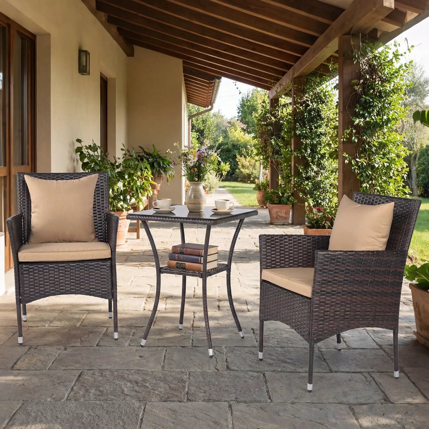 3 Pieces Patio Furniture Set with Cushioned Patio Chairs and Tempered Glass Coffee Table-Brown by DirectDeals
