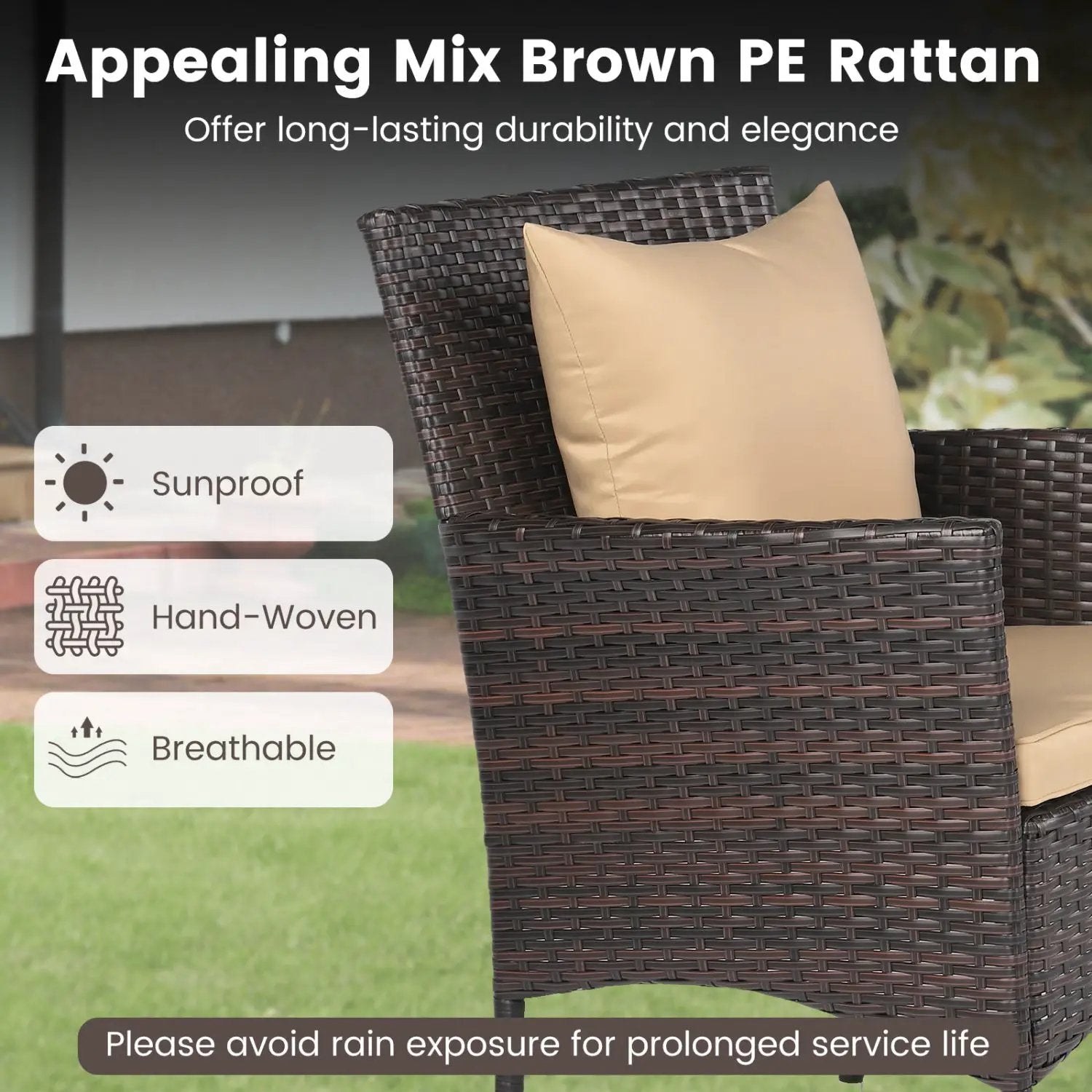 3 Pieces Patio Furniture Set with Cushioned Patio Chairs and Tempered Glass Coffee Table-Brown by DirectDeals