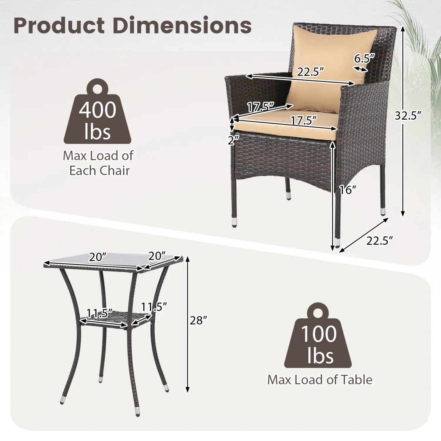 3 Pieces Patio Furniture Set with Cushioned Patio Chairs and Tempered Glass Coffee Table-Brown by DirectDeals